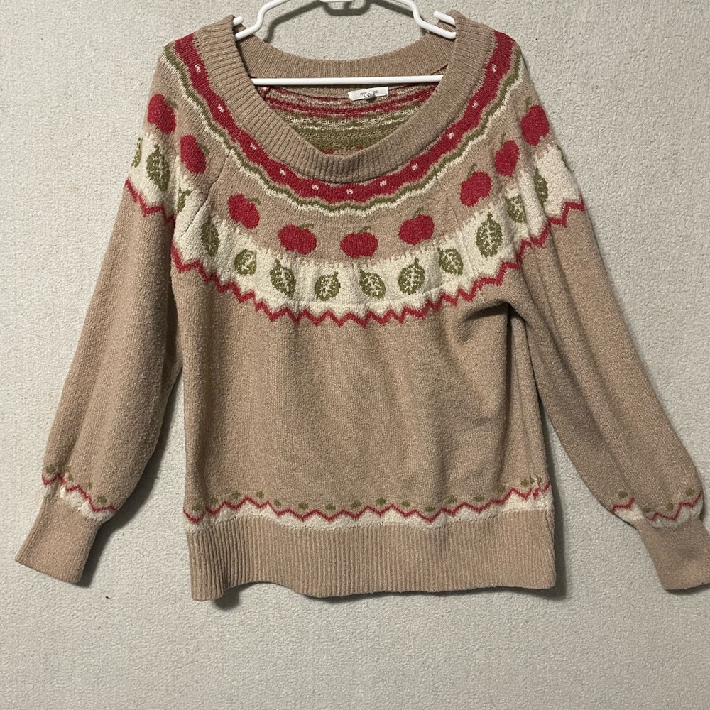 Maurices Tan Sweater with Red and Green Patterns